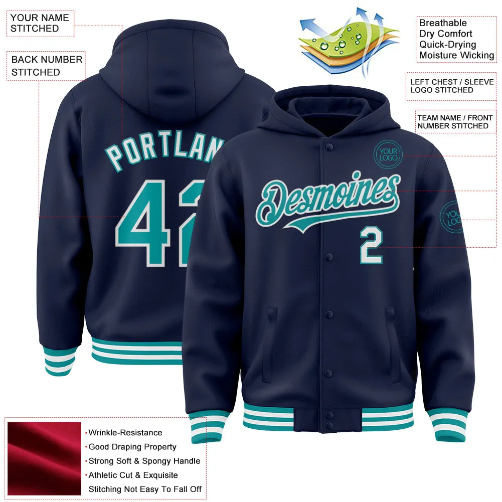 Custom Navy Teal-White Bomber Full-Snap Varsity Letterman Hoodie Jacket