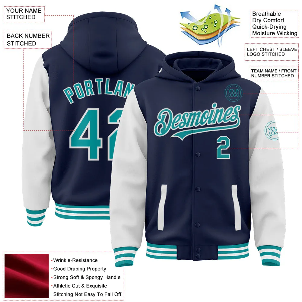 Custom Navy Teal-White Bomber Full-Snap Varsity Letterman Two Tone Hoodie Jacket