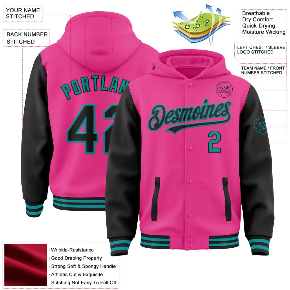 Custom Pink Black-Teal Bomber Full-Snap Varsity Letterman Two Tone Hoodie Jacket