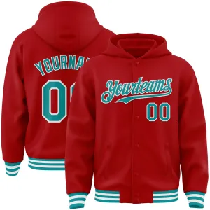 Custom Red Teal-White Bomber Full-Snap Varsity Letterman Hoodie Jacket