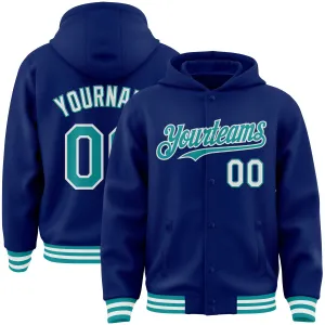 Custom Royal Teal-White Bomber Full-Snap Varsity Letterman Hoodie Jacket