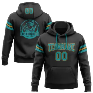 Custom Stitched Black Teal-Old Gold Football Pullover Sweatshirt Hoodie