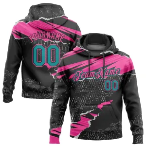 Custom Stitched Black Teal-Pink 3D Pattern Design Torn Paper Style Sports Pullover Sweatshirt Hoodie