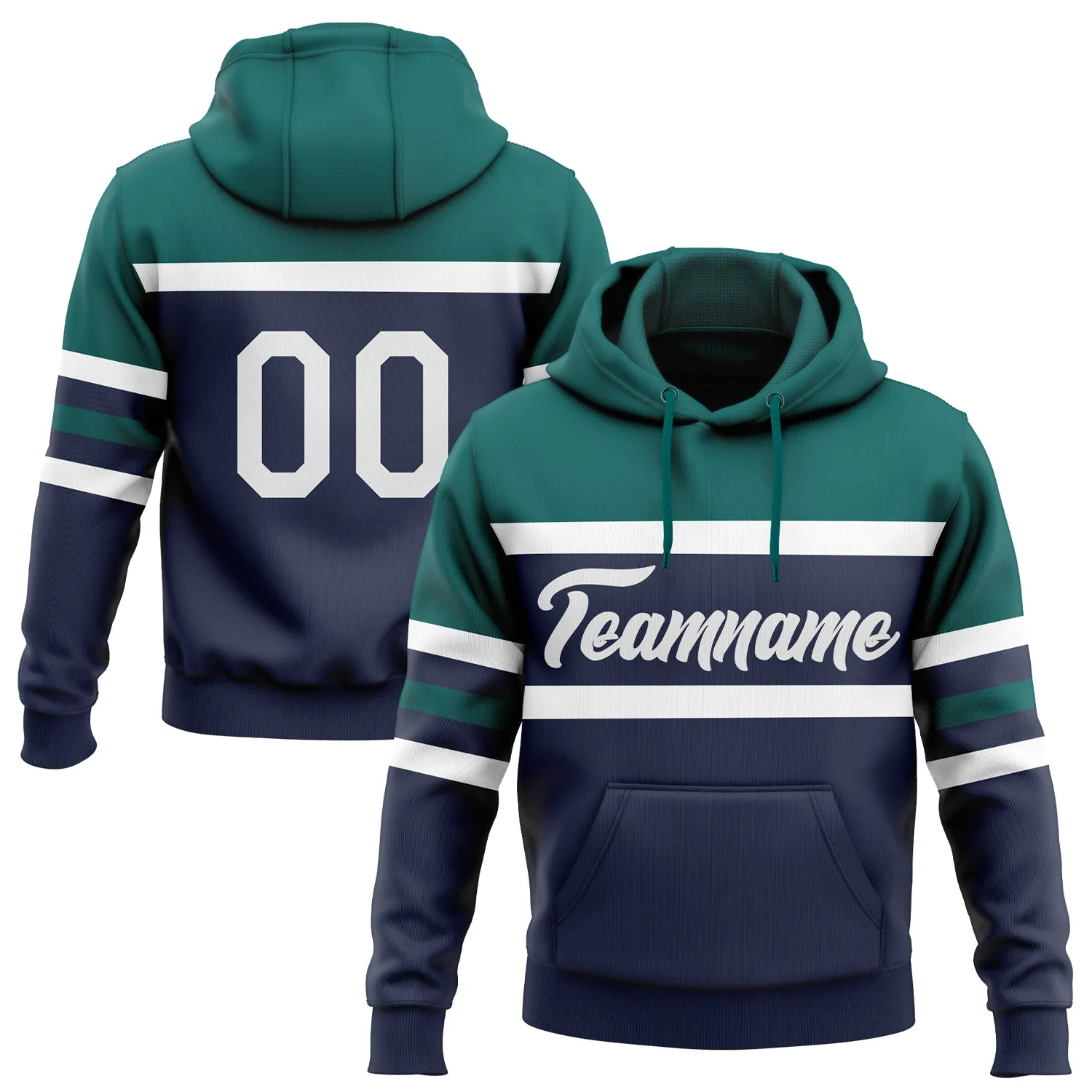 Custom Stitched Navy White-Teal Line Sports Pullover Sweatshirt Hoodie