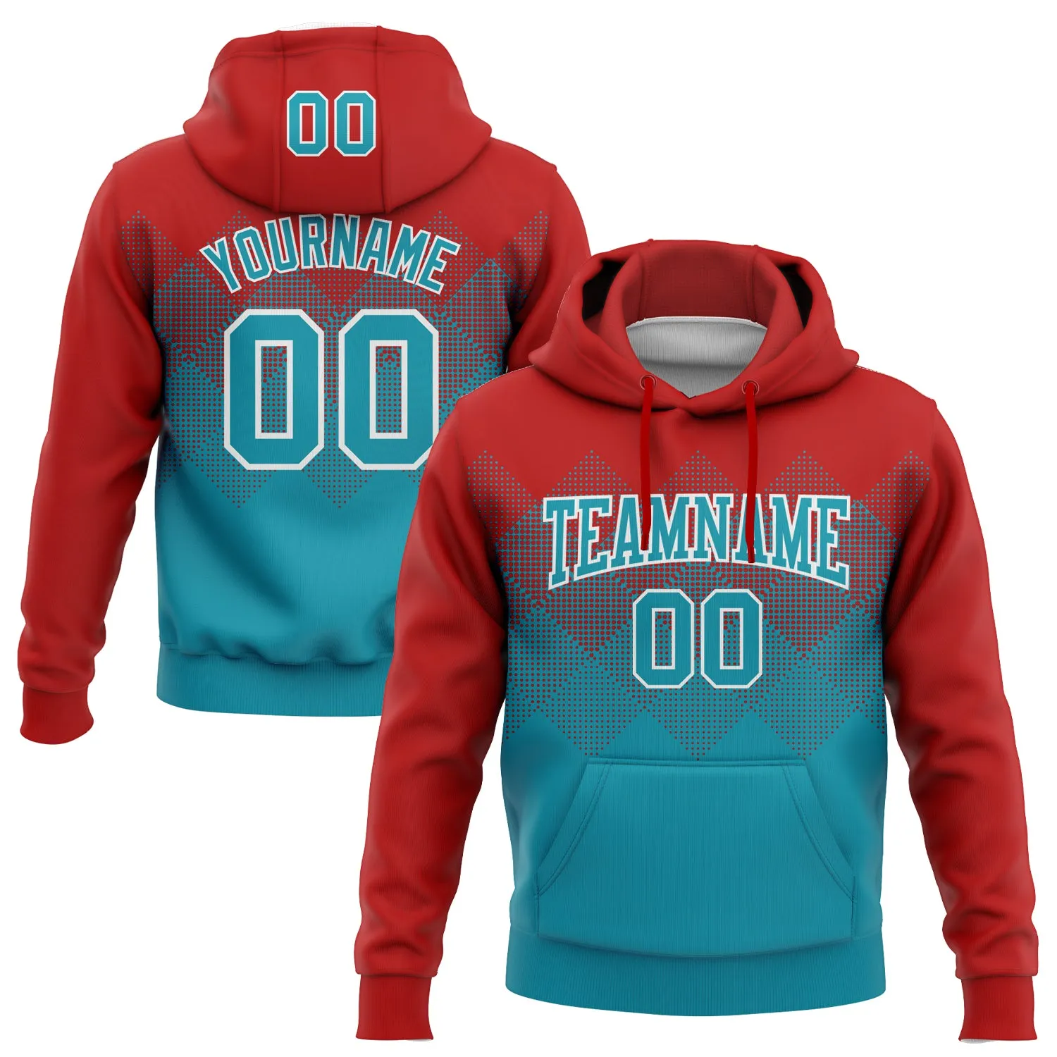 Custom Stitched Red Teal-White 3D Pattern Design Gradient Square Shape Sports Pullover Sweatshirt Hoodie