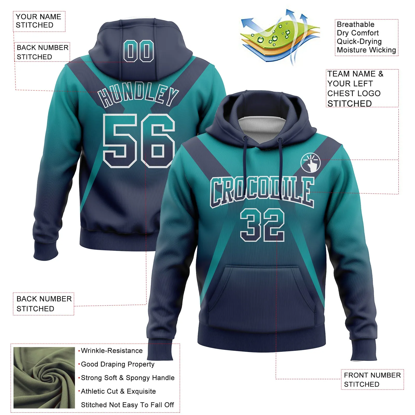 Custom Stitched Teal Navy-White Fade Fashion Arrow Sports Pullover Sweatshirt Hoodie