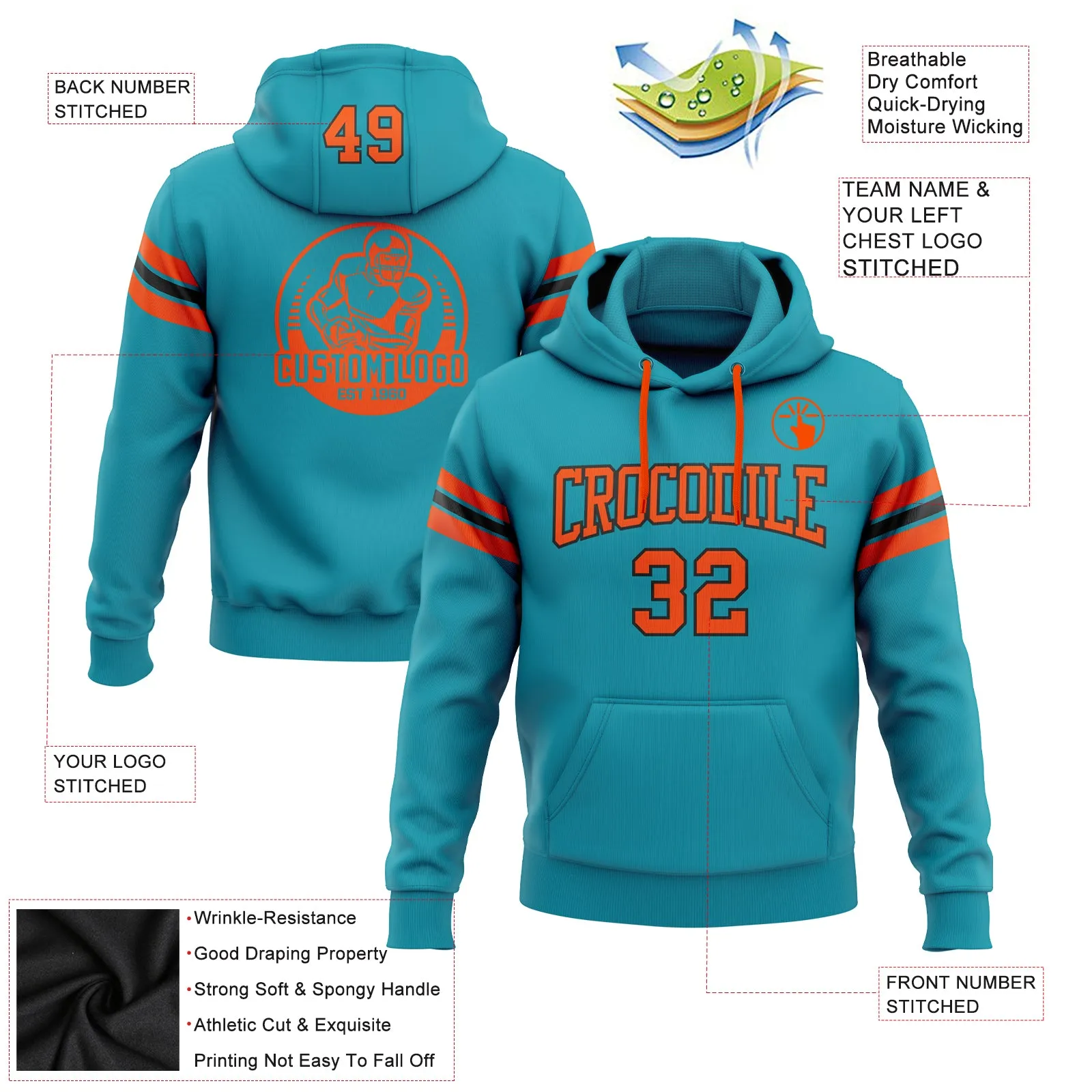 Custom Stitched Teal Orange-Black Football Pullover Sweatshirt Hoodie