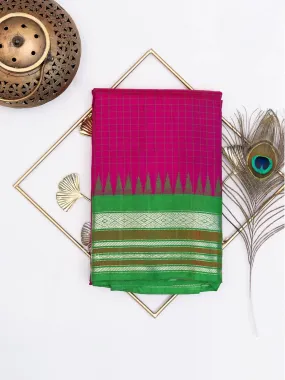 Dark Pink Gadwal Silk Saree with Checked design on the body and Temple Zari Border