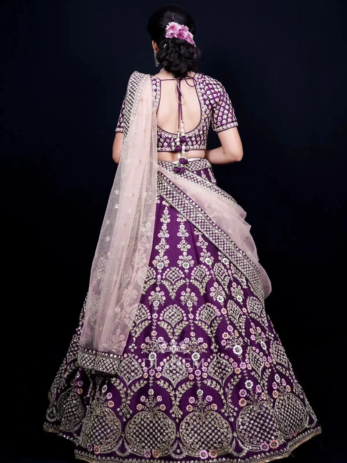 Dark Purple Bridal Lehenga Embellished in Floral Design Embroidery with Dupatta