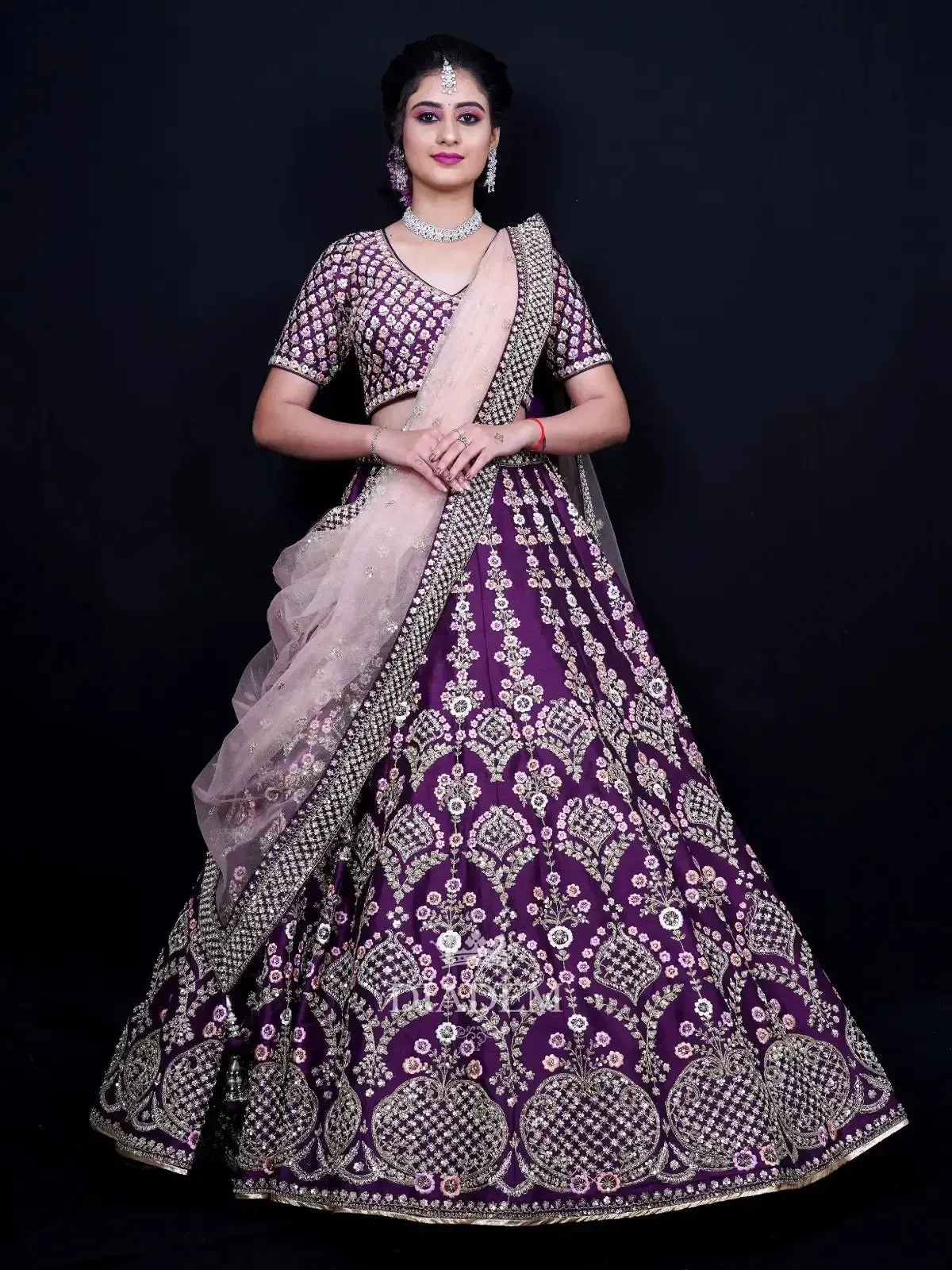 Dark Purple Bridal Lehenga Embellished in Floral Design Embroidery with Dupatta