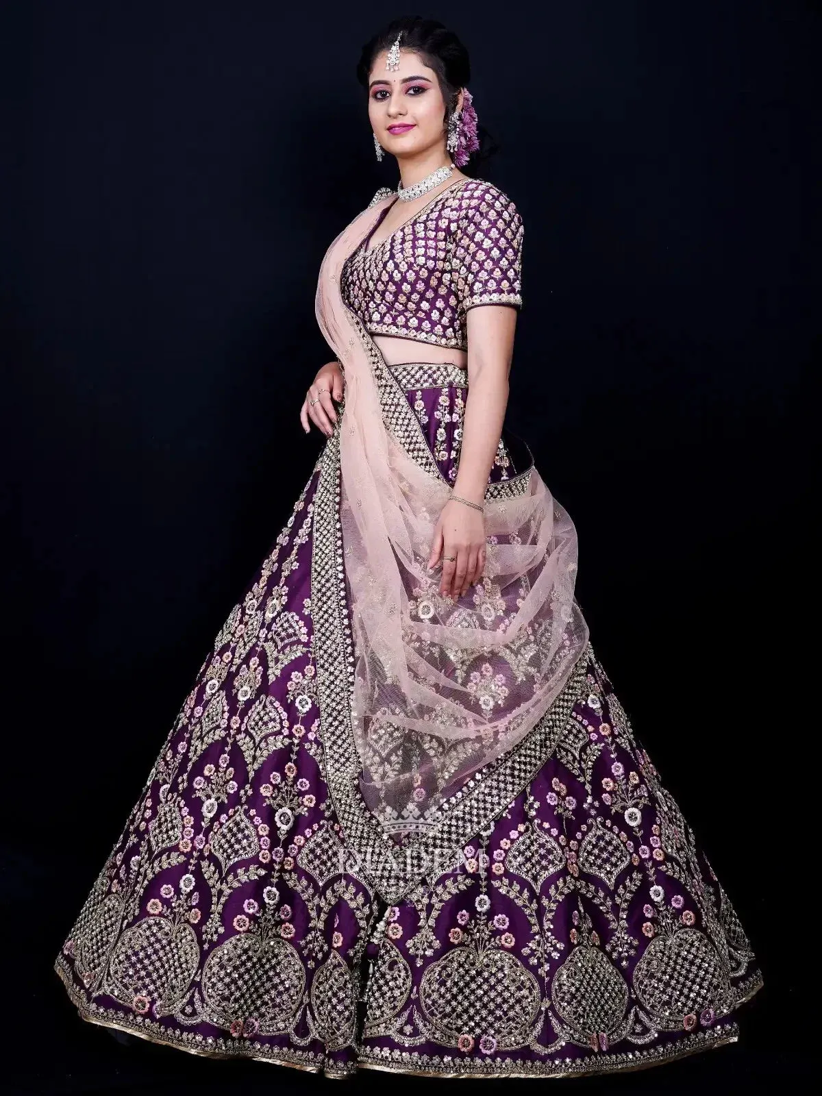 Dark Purple Bridal Lehenga Embellished in Floral Design Embroidery with Dupatta