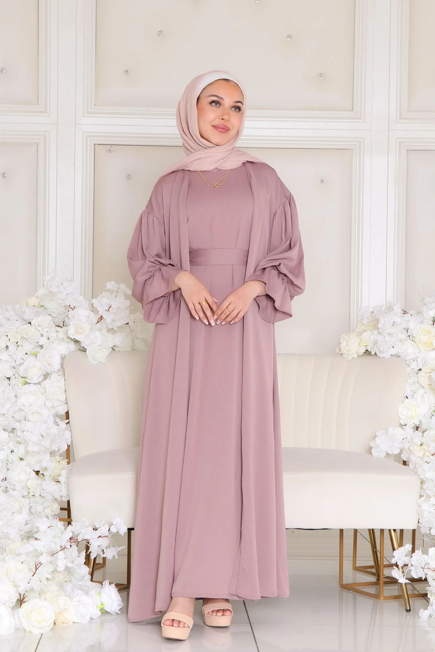 Darya Textured Balloon Sleeve Abaya- Dusty Rose Pink