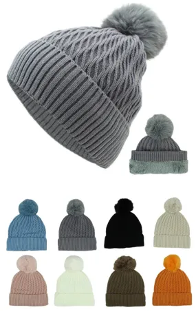 DBH3736 High Quality Winter Knit Beanie Lining Hat w/Pompom Pack 12pcs