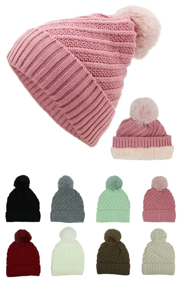 DBH3739 High Quality Winter Knit Beanie Lining Hat w/Pompom Pack 12pcs