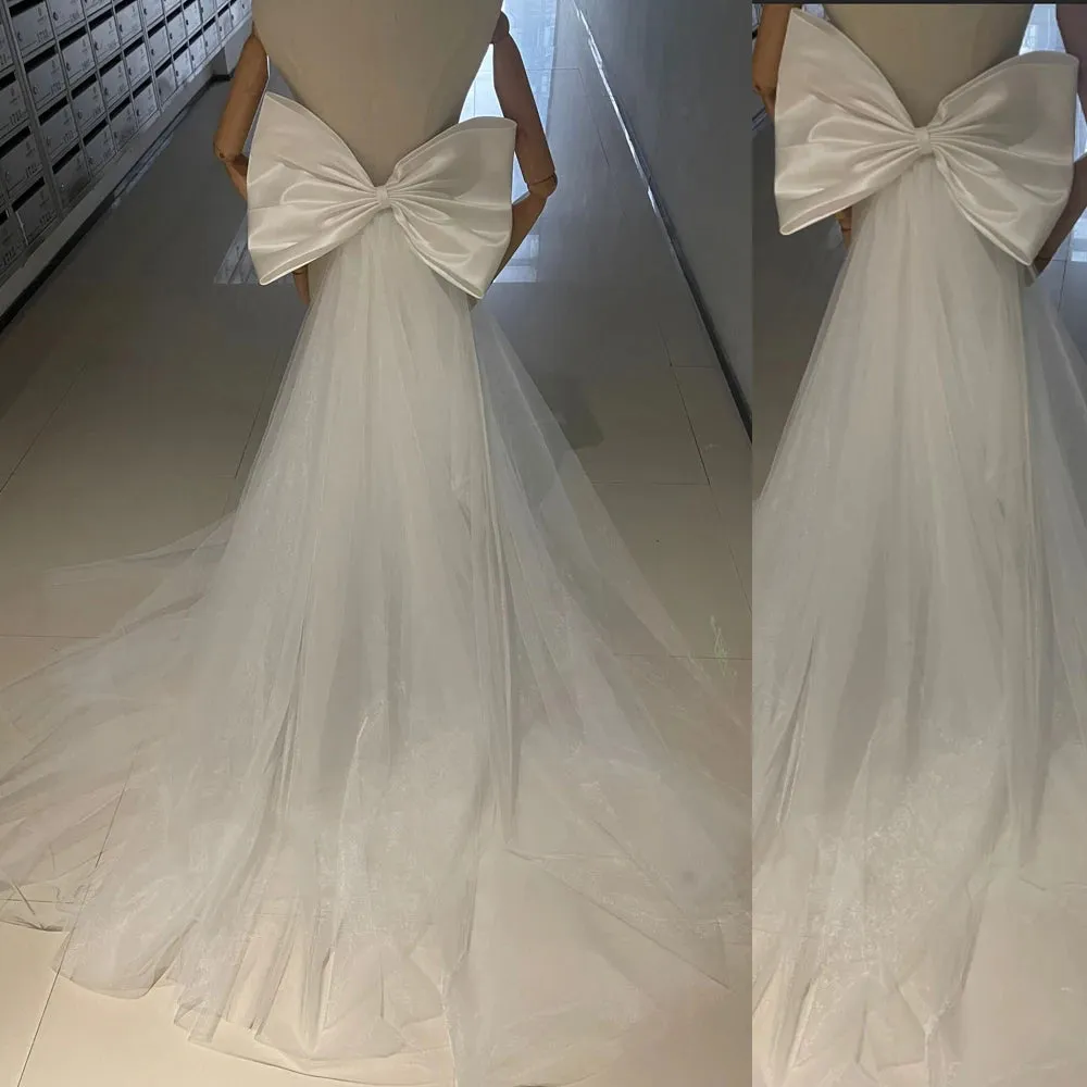 Detachable Satin Bow Tulle Drag For Wedding Dress Bridal Train