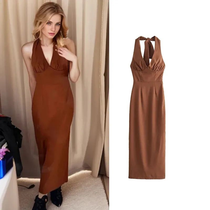 Dresses Women's Summer 2024 New Chic Hanging Neck V-neck Slim Party Women's Dress Street Elegant Long Holiday Youth Dress