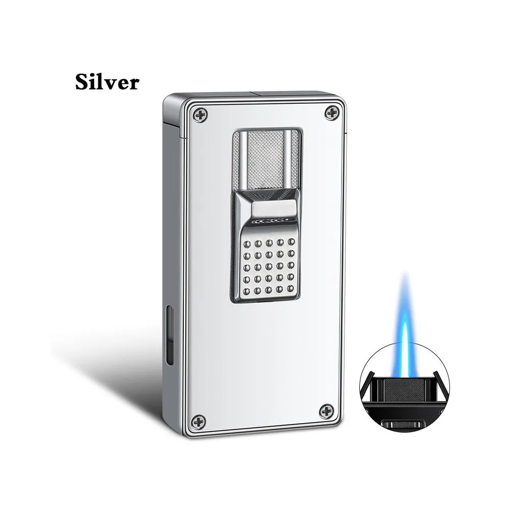 Elegant Pushup-button Ignition Vintage Metal Windproof Refillable Butane Torch Lighter with Futuristic Movable Flame Door