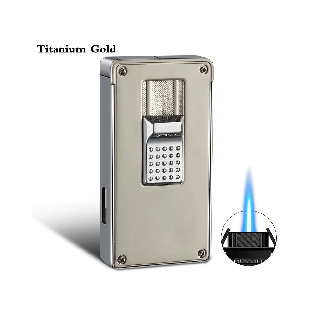 Elegant Pushup-button Ignition Vintage Metal Windproof Refillable Butane Torch Lighter with Futuristic Movable Flame Door