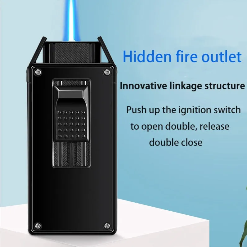 Elegant Pushup-button Ignition Vintage Metal Windproof Refillable Butane Torch Lighter with Futuristic Movable Flame Door