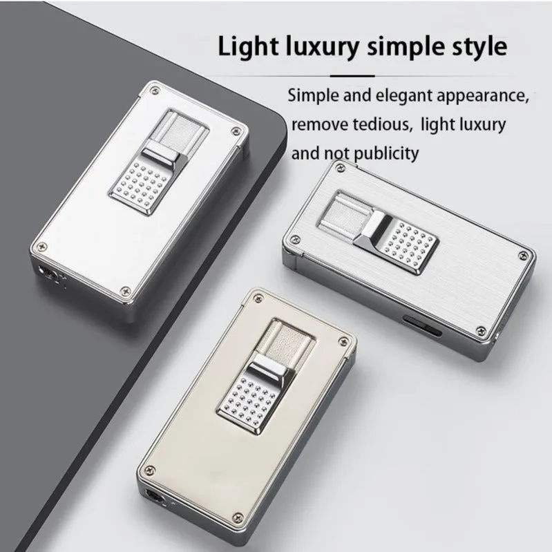 Elegant Pushup-button Ignition Vintage Metal Windproof Refillable Butane Torch Lighter with Futuristic Movable Flame Door