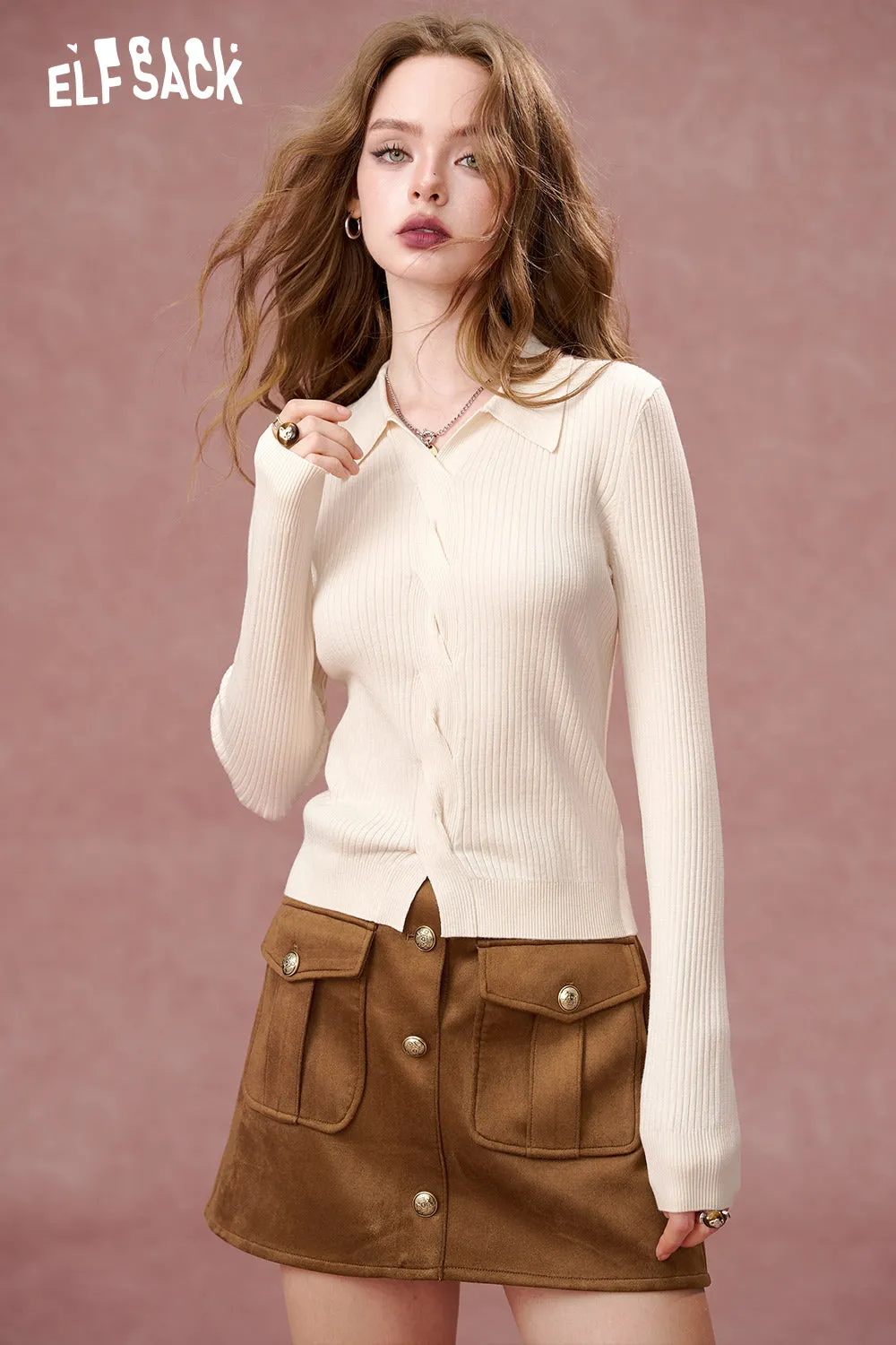 ELFSACK 2024 Autumn New Arrivals Polo lapel long-sleeved sweater for women, slim fit bottoming shirt