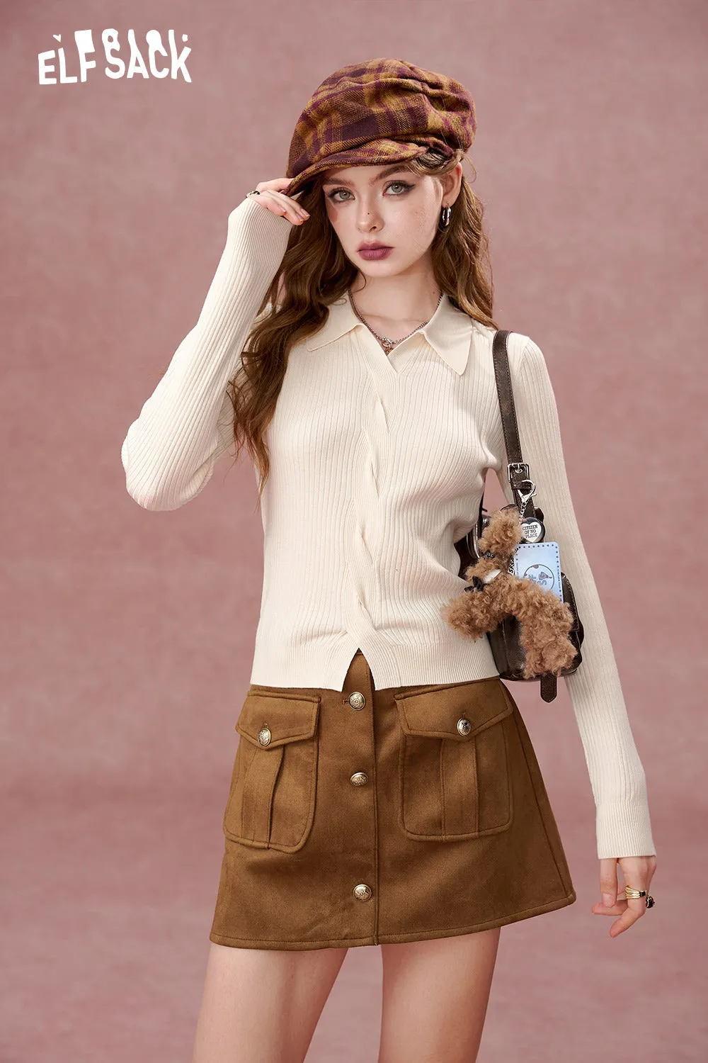 ELFSACK 2024 Autumn New Arrivals Polo lapel long-sleeved sweater for women, slim fit bottoming shirt