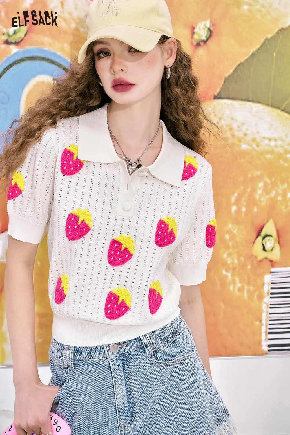 ELFSACK 2024 summer new arrival Three-dimensional strawberry pink Polo collar casual versatile cute style short-sleeved knitted sweater for women