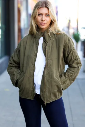 Explore More Collection - City Streets Olive Cotton Quilted Zip Up Jacket