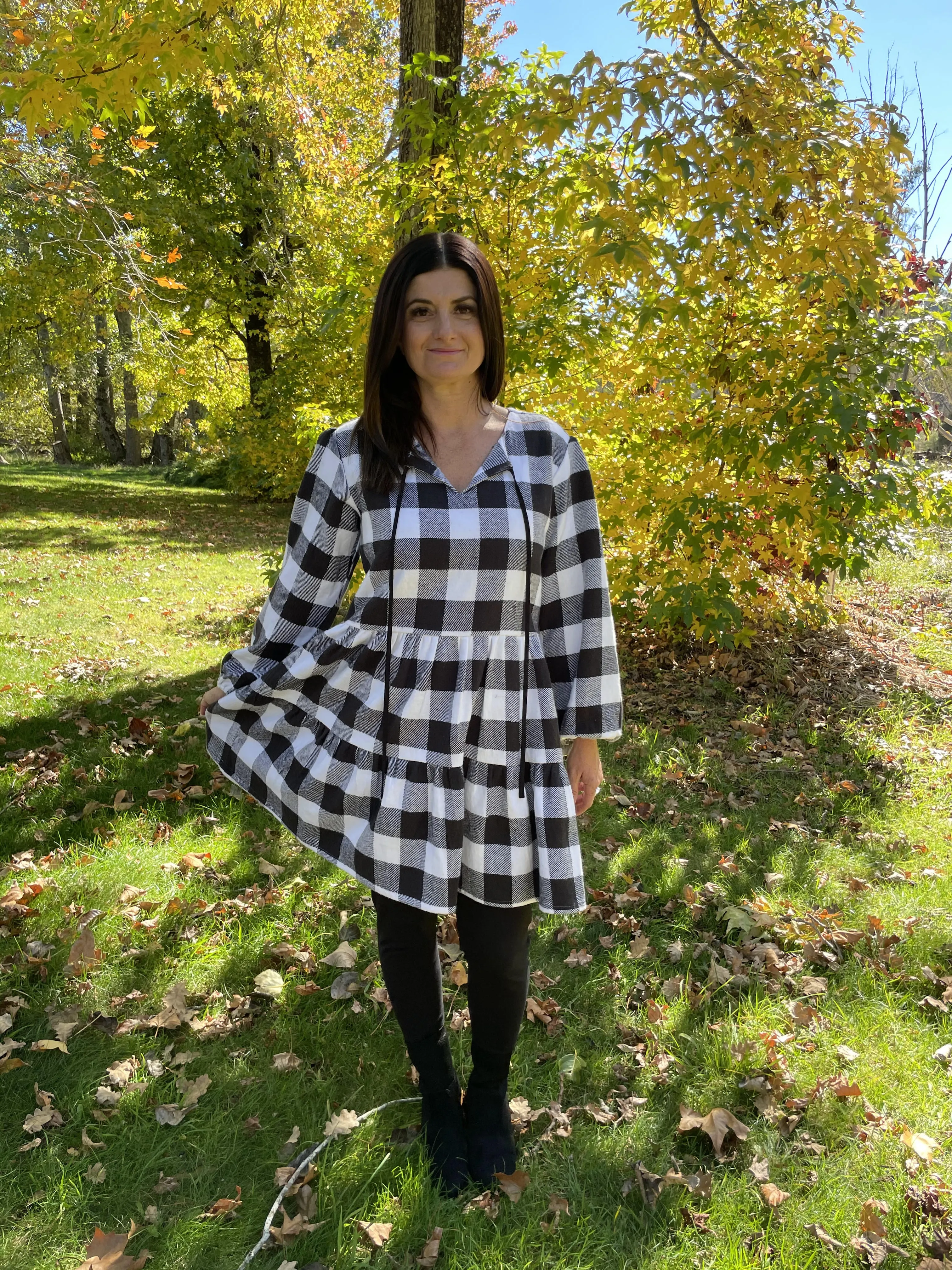 Fair Trade Black and White Checkered Puffed Sleeve Twill Dress