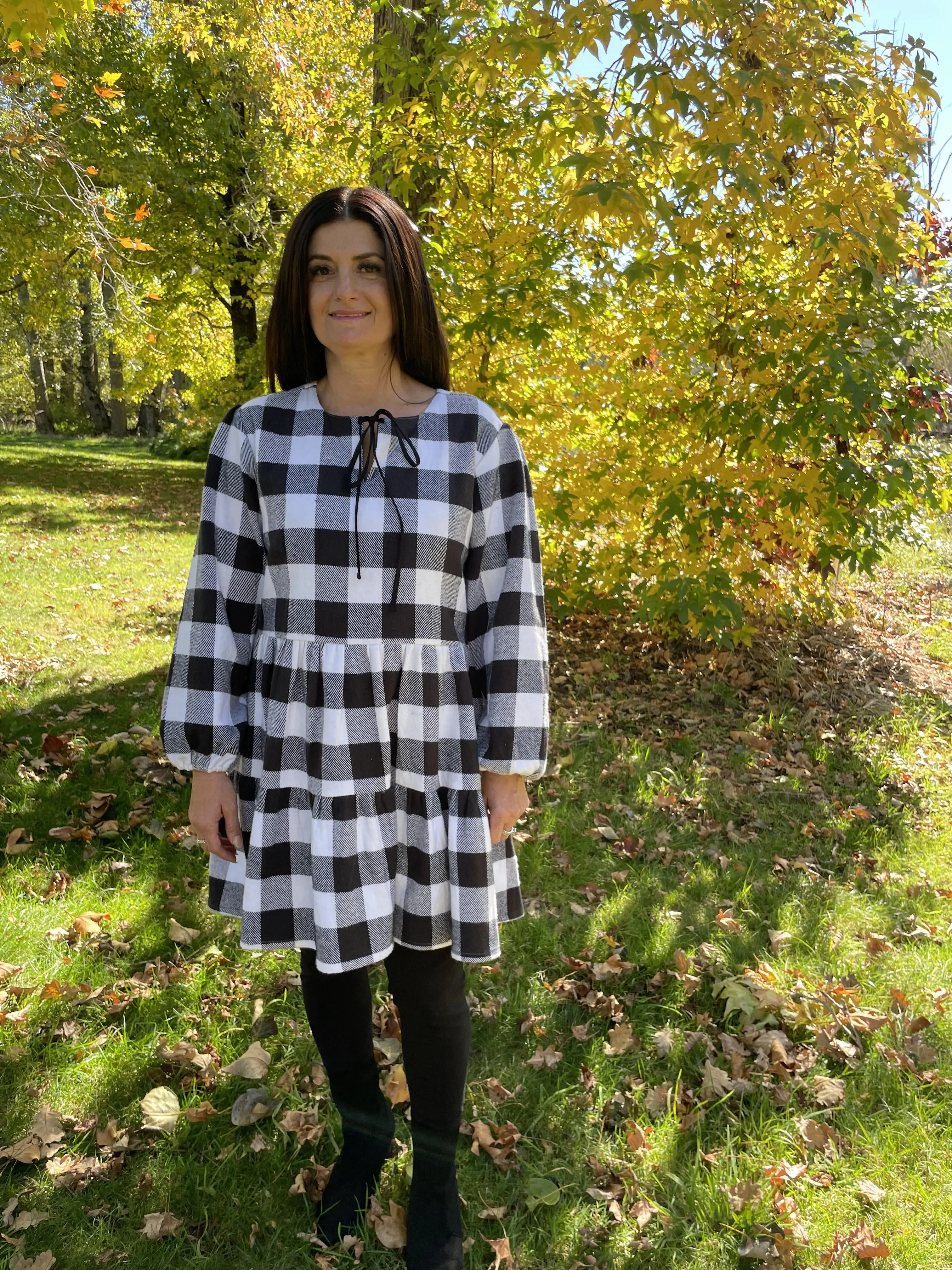 Fair Trade Black and White Checkered Puffed Sleeve Twill Dress