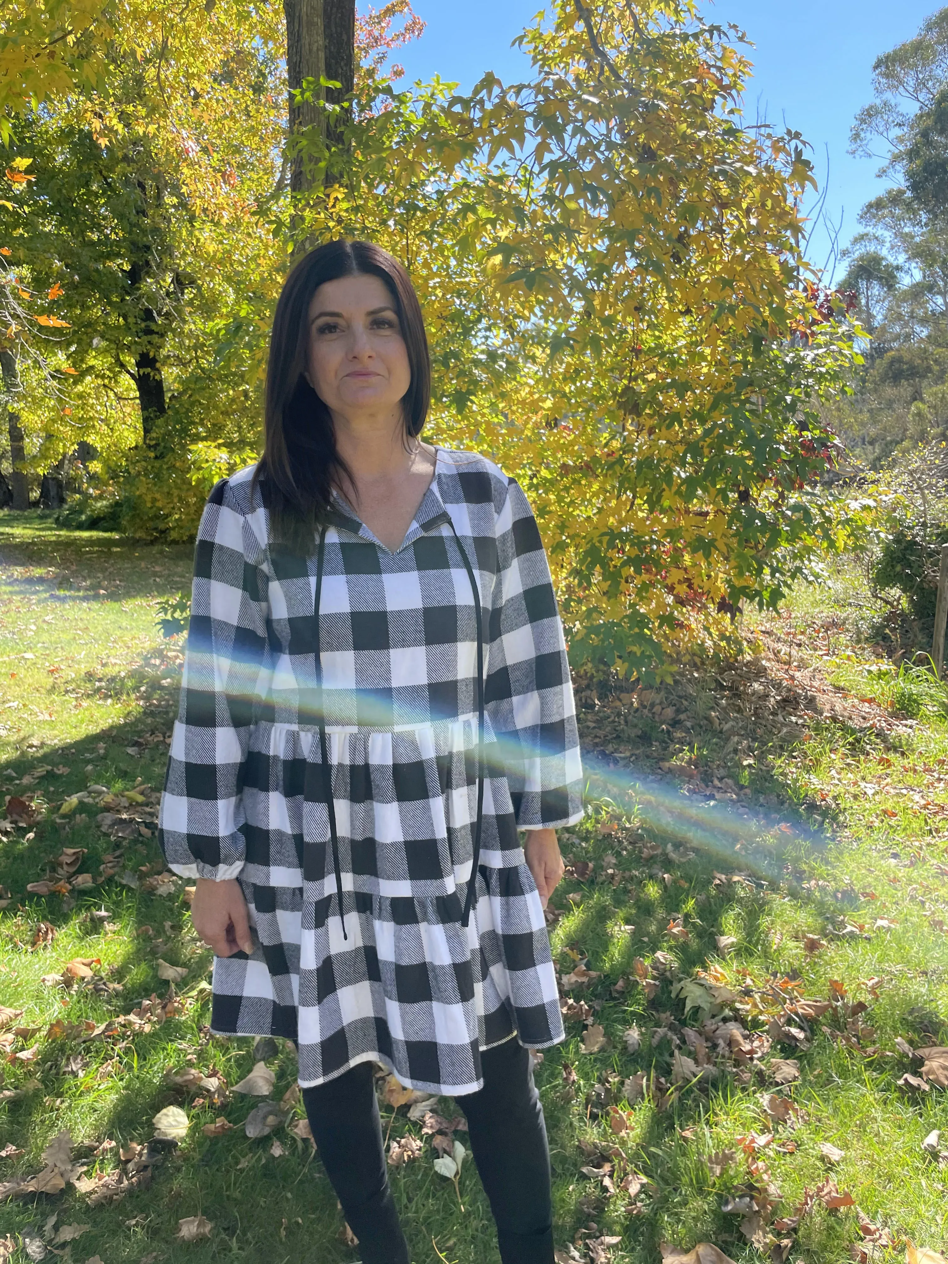 Fair Trade Black and White Checkered Puffed Sleeve Twill Dress