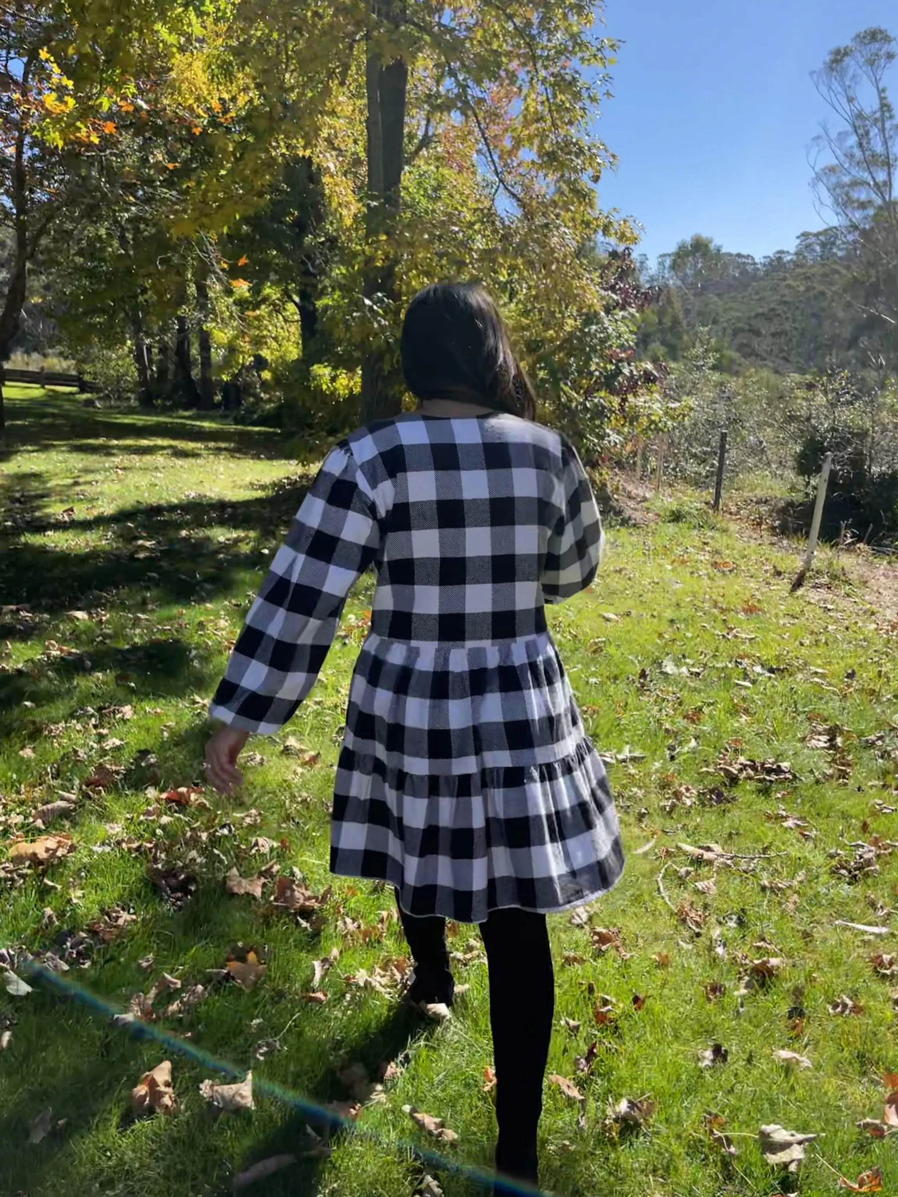 Fair Trade Black and White Checkered Puffed Sleeve Twill Dress