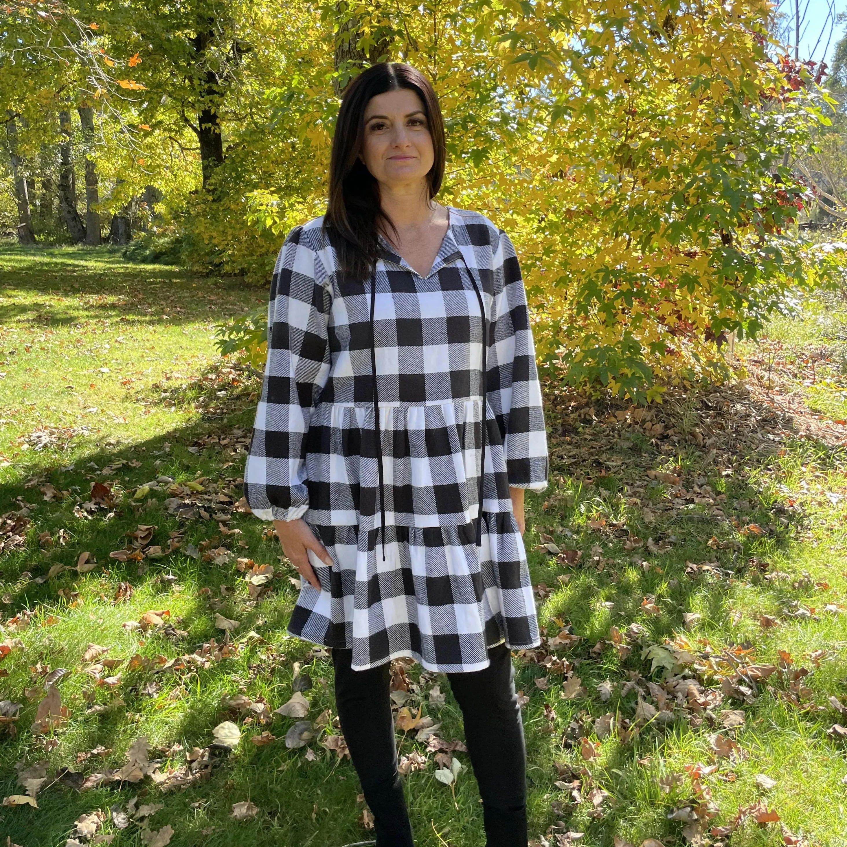 Fair Trade Black and White Checkered Puffed Sleeve Twill Dress