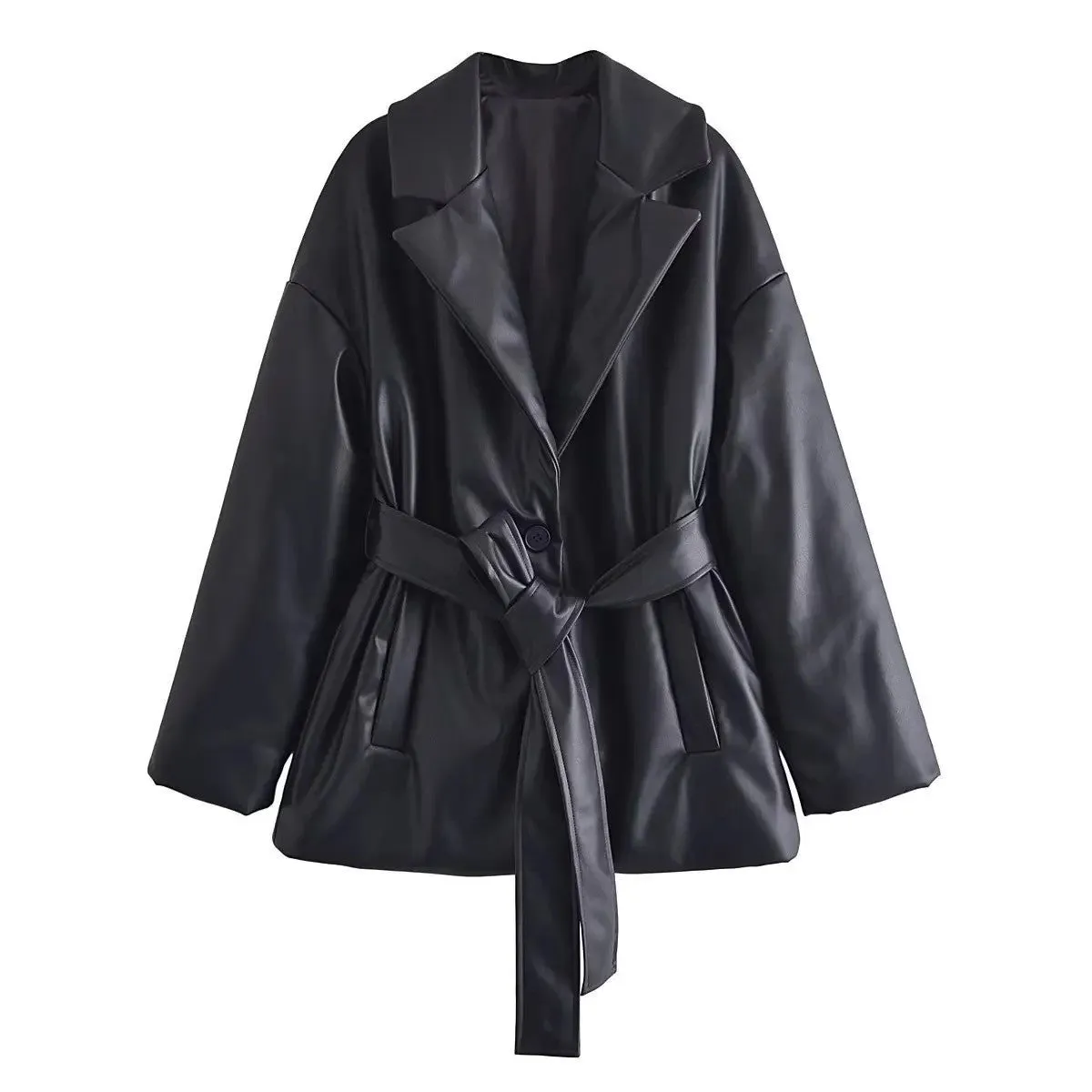 Faux Leather Tie Waist Blazer Style Coat