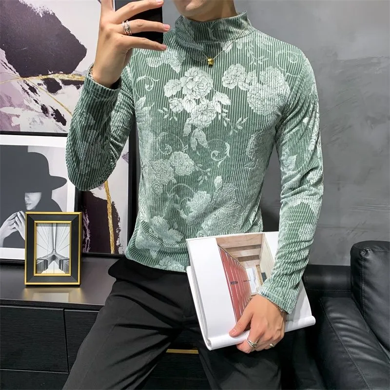 Flower Printed Solid Color Long Sleeve Turtleneck T-Shirt