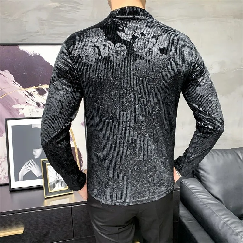 Flower Printed Solid Color Long Sleeve Turtleneck T-Shirt