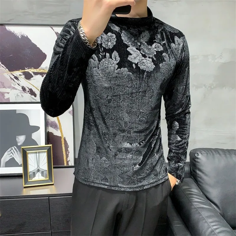 Flower Printed Solid Color Long Sleeve Turtleneck T-Shirt