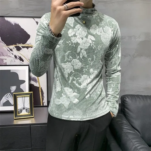 Flower Printed Solid Color Long Sleeve Turtleneck T-Shirt