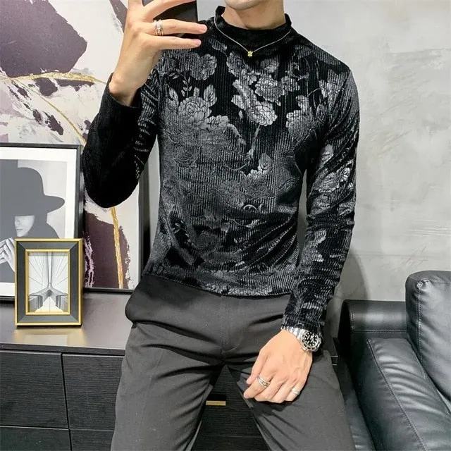 Flower Printed Solid Color Long Sleeve Turtleneck T-Shirt