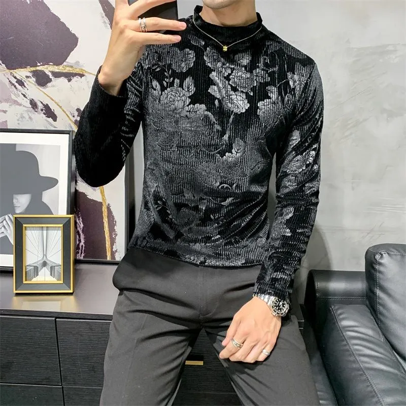 Flower Printed Solid Color Long Sleeve Turtleneck T-Shirt