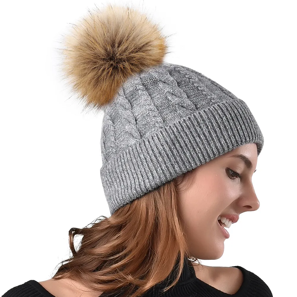 FURTALK Women Winter Faux Fur Pom Pom Hat Twist Drop Shipping AD001