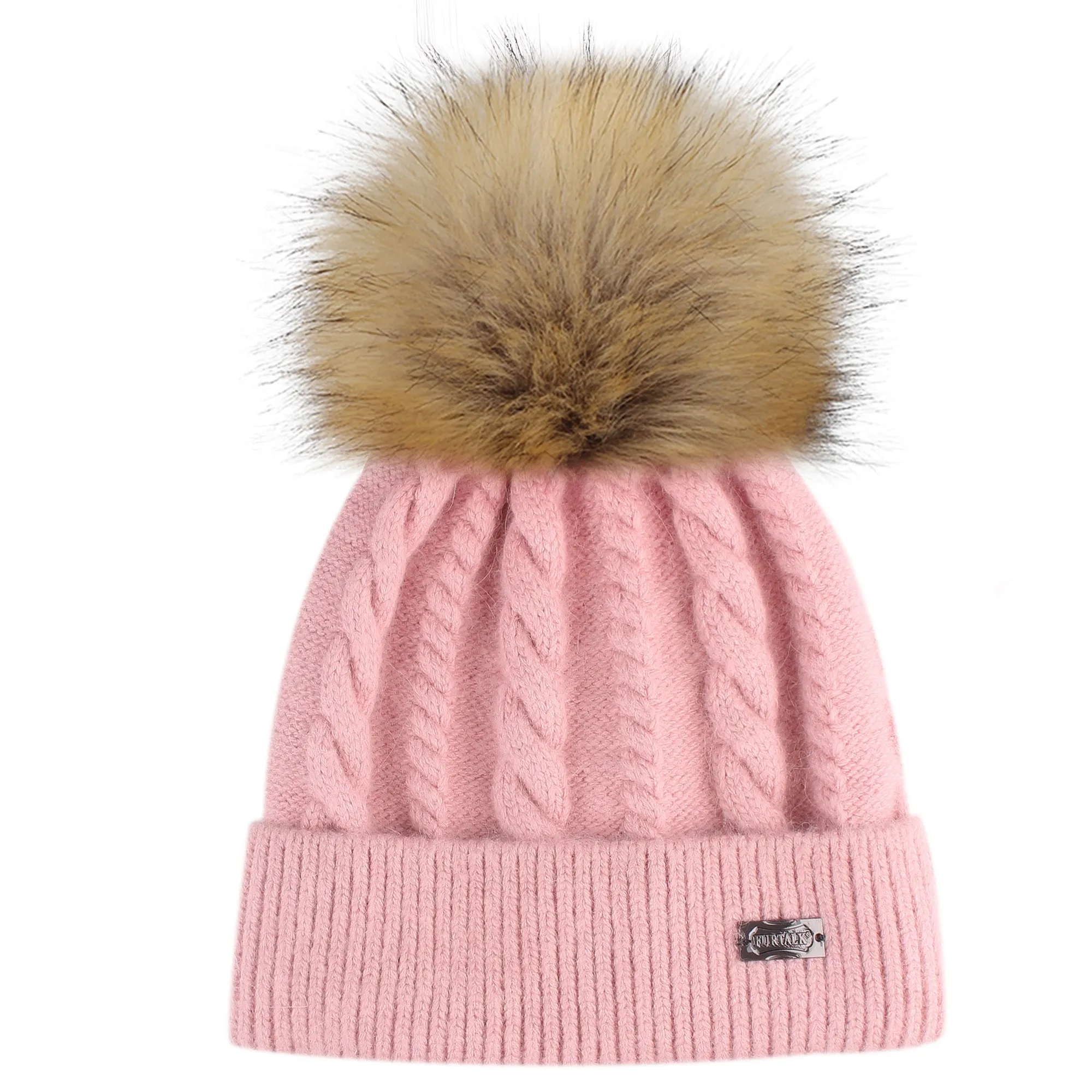 FURTALK Women Winter Faux Fur Pom Pom Hat Twist Drop Shipping AD001