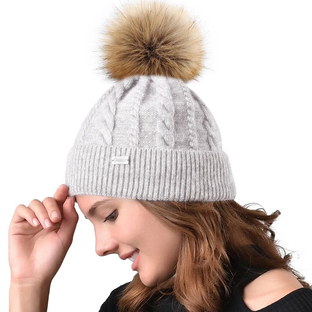 FURTALK Women Winter Faux Fur Pom Pom Hat Twist Drop Shipping AD001