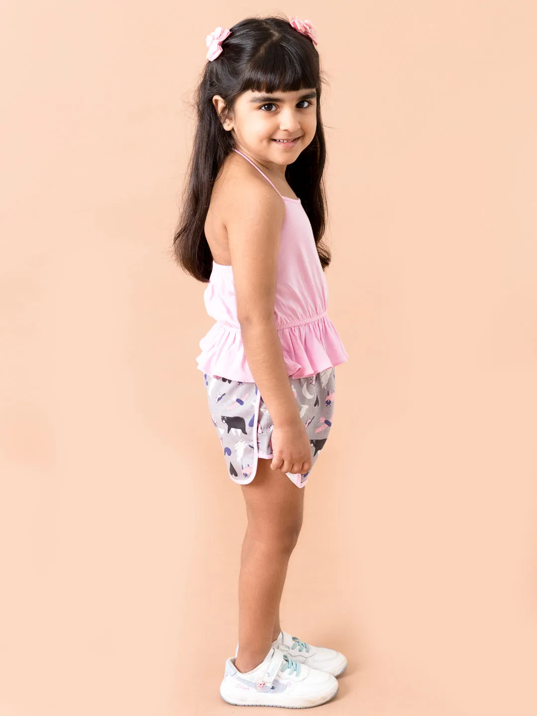 Girls Pink Grey Printed Top With Shorts - Ps Peaches