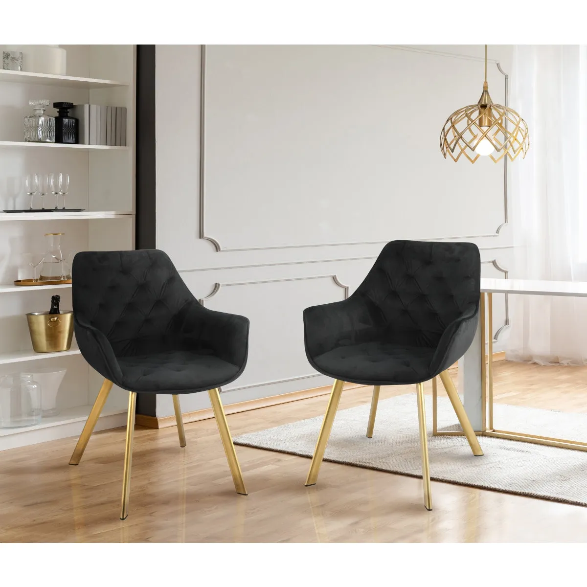 GlamourGlow Dining Chair - Black Velvet with Gold Legs - Set of 2