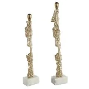 Gold Aluminum Metal Abstract Tall Textured Figurine Sculpture with Marble Bases Set Of 2