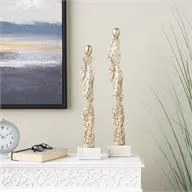 Gold Aluminum Metal Abstract Tall Textured Figurine Sculpture with Marble Bases Set Of 2