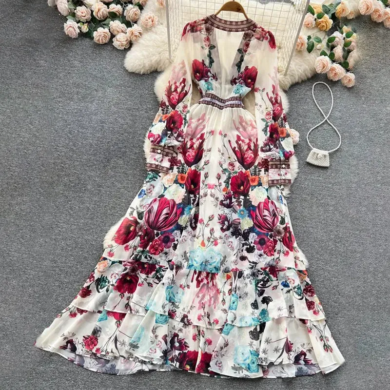 Gorgeous Deep V-neck Floral Print with Cascading Ruffles Dresses