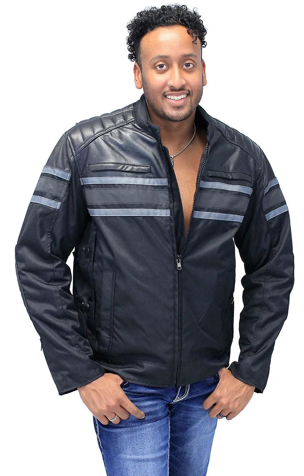 Gray Stripe Armor Reflector Men's Jacket Leather-Textile #MC361618AK