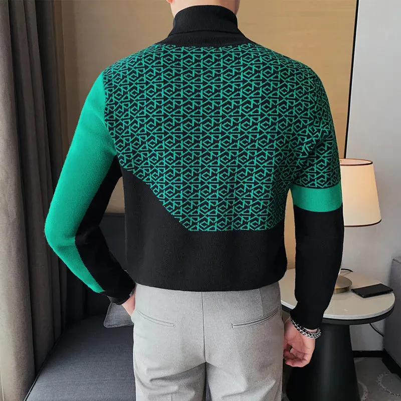 Green Black Geometric Turtleneck Sweater